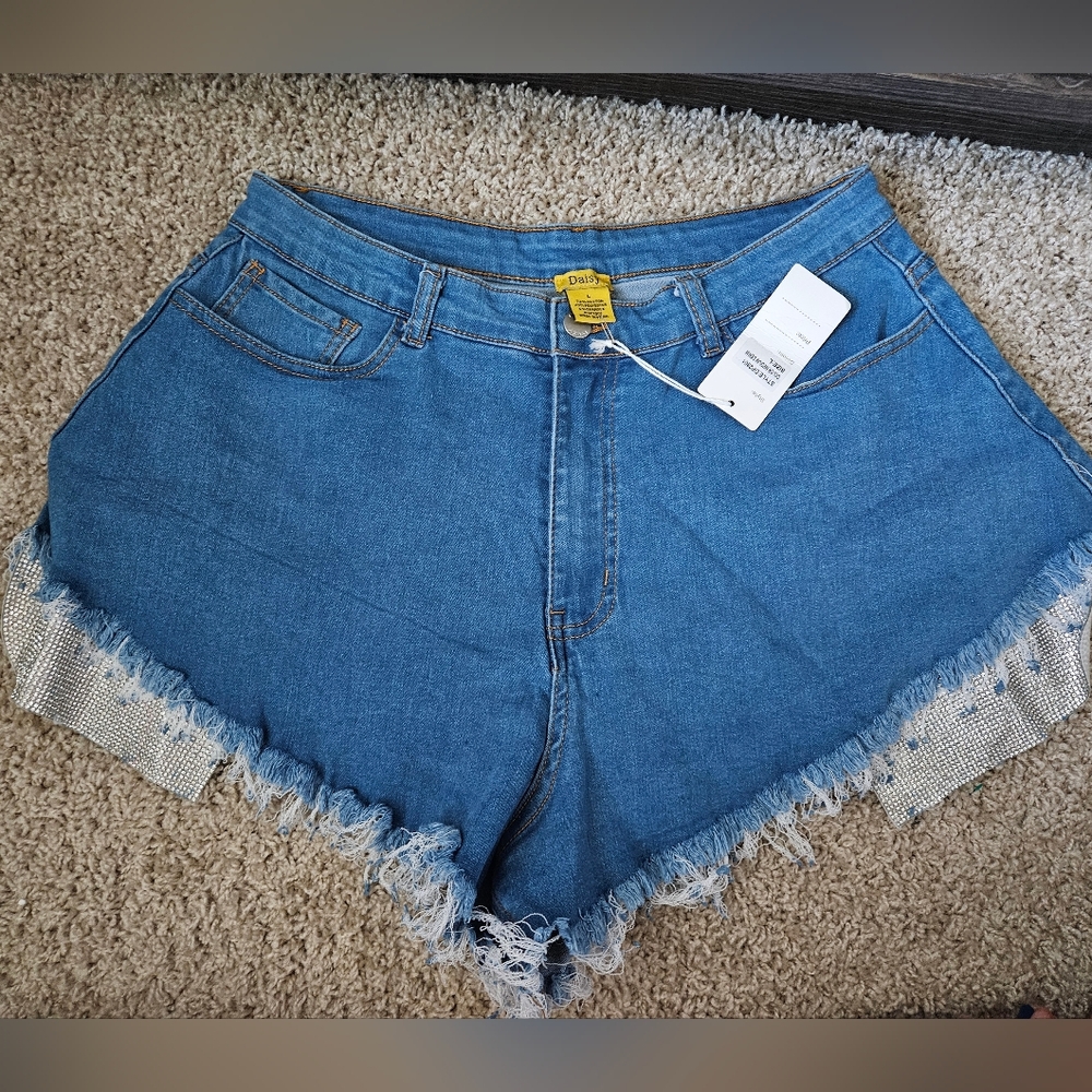 Daisy Blue Frayed Jean Shorts With Sparkle  Front Attachments